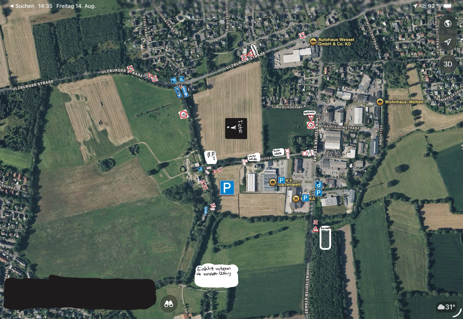 Verkehrsplan mit Festgelände, Koppelparkplatz sowie Parkflächen bei Blumen Bade und Edeka Domke. Zufahrt zum Koppelparkplatz über Ulzburger Straße und Rugenvier, zu den Geschäftsparkplätzen über die Henstedter Straße.